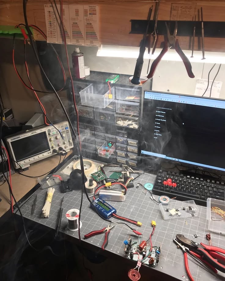 Electronics test bench with oscilloscope, soldering iron and prototype board