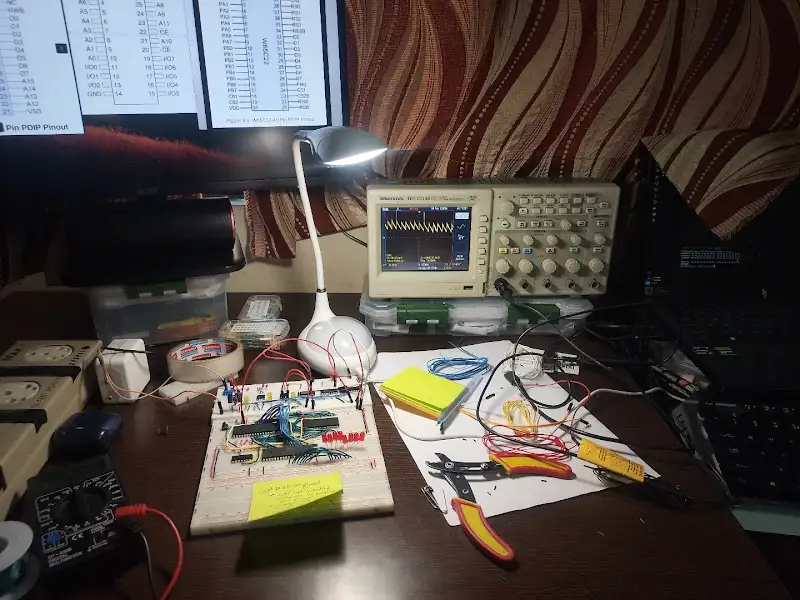 Desk setup with breadboard circuit, oscilloscope and printed pinout diagrams
